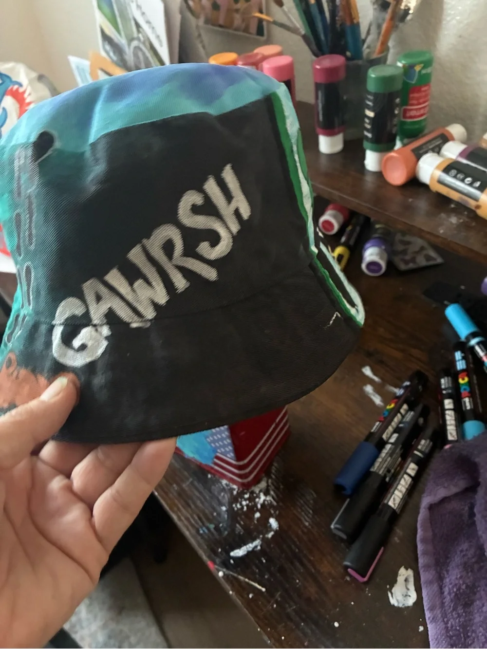 mine Painted Teal & Blue Kids Bucket Hat with Yellow 'WHOOPS'